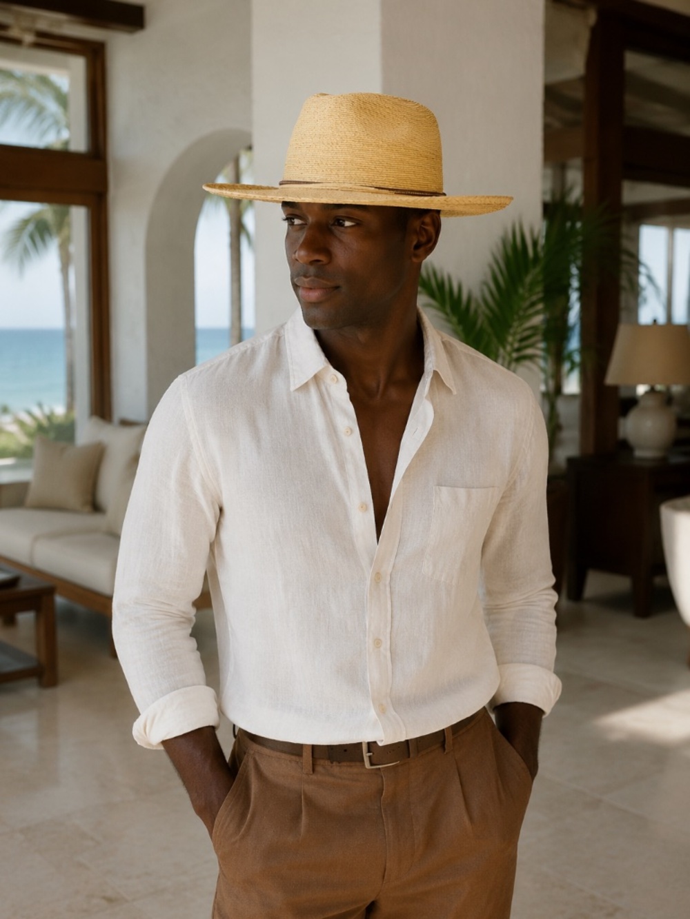 Goorin Bros. Palm Straw Thomas Santiago Hat Tan Thin Leather Band, M